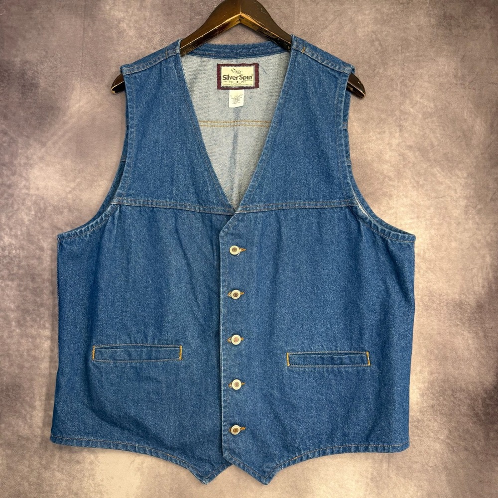 Silver Spur Mens 2XLT Denim Western Vest Blue Cotton Button Front Made in USA